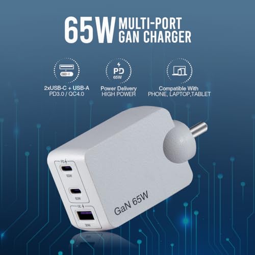 Image of BlueRigger 65W 3-Port GaN Charger PD QC3.0 QC4.0 PPS Fast Charging Compact Adapter for All MacBook Series and laptops with USB C Charging Port (White)