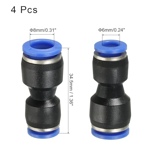 QUARKZMAN Steckverbinder Anschlussstück 8mm bis 6mm Rohr AD Schnellverschluss Luft Linie Schlauch Rohrverbindung Gerade Pneumatisch Steckverbindung Schwarz 4Stk