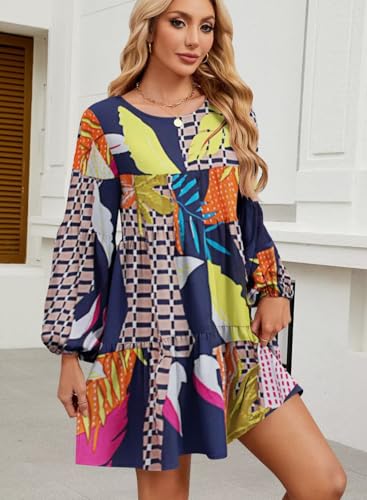 Image of QACOHU Falll Dresses for Women 2026 Crew Neck Long Lantern Sleeve Casual Loose Flowy Swing Shift Dress