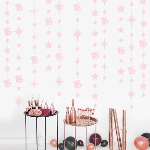 Image of Glitter Pink Number 16 Circle Dot Twinkle Star Garland Hanging Streamer Bunting Banner Backdrop Decorations for Girls Happy 16th Birthday Sweet Sixteen 16th Anniversary Cheers to 16 Years Party Decor