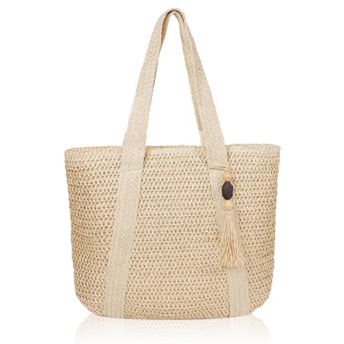 Image of MABROUC Large Straw Beach Bag for women, Straw Tote Bag with Tassels, Woven Summer Handbag Shoulder Bag for Outdoor Vacation(beige)
