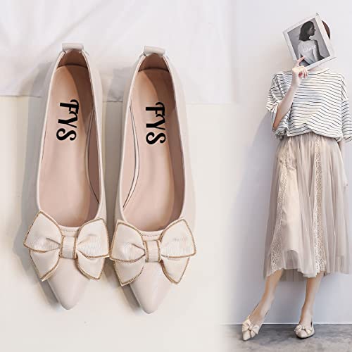 FYS Women Pointed Toe Block Low Heel Bow Pumps Slip on Flats Ballets Dress Dance Party Shoes Size 4-15 US2
