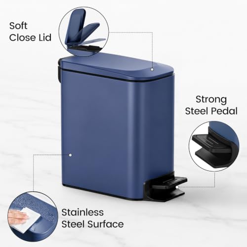 Image of TIPGO Small Bathroom Trash Can with Lid, 1.6 Gal, Soft Close, Navy Blue | Foot Pedal, Soft Quiet Lid, 5.9'' Slim for Narrow Space, Stainless Steel, Anti-fingerprint, Removable Inner Bucket, Odor Seal
