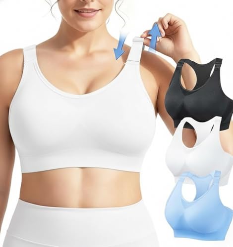 FITTIN Support Sports Bras for Women: 3 Pack Racerback Padded Full Coverage Adjustable Strap Bra for Gym Workout - Seamless Comfort Top for Large Bust Plus Size Woman Cups C-DDD for Valentines Gifts