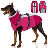 SUNFURA Large Dog Coat with Harness Built in, Warm Dog Jacket Waterproof Pet Winter Coat Snowsuit for Cold Weather, Reflective Fleece Jacket for Large Dogs, Border Collie, Hot Pink XL