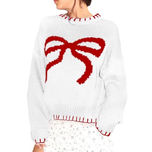 Meiweileya Womens Y2k Bow Graphic Knitted Sweaters Lobster Aesthetic Pullovers Top, White, Large