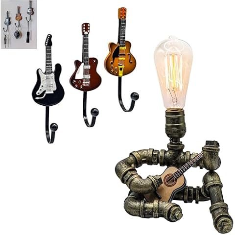 Pick-A-Palooza Steampunk Style Guitar lamp and 3 Decorative Guitar Wall Hooks Cover