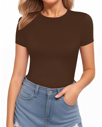 Image of MANGOPOP Women's Round Neck Short Sleeve T Shirts Basic Bodysuits
