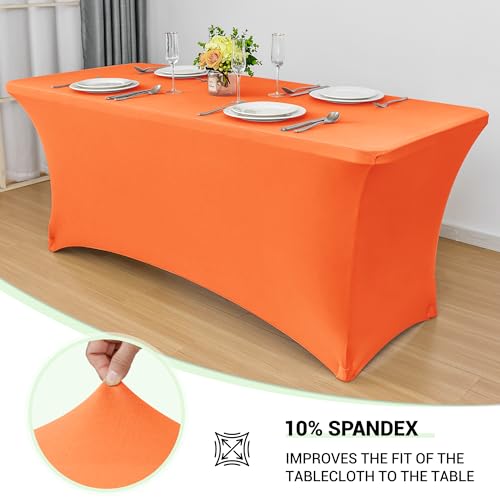 Image of Obstal 4Ft Stretch Spandex Table Cover for Standard Folding Tables - 2 Pack Universal Rectangular Fitted Tablecloth for Party, Banquet, Events, Trade Show (Orange, 48L x 24W x 30H Inches)