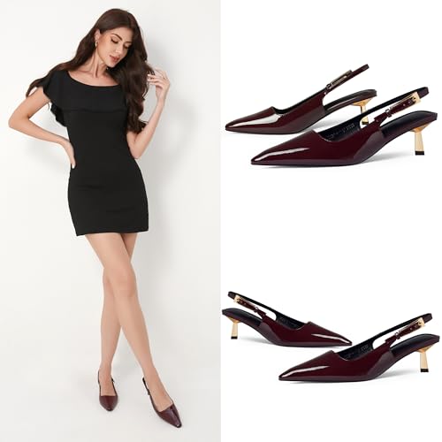 iiimmu Kitten Heels for Women 2 inch Low Heel Pointed Closed Toe Slingback Pumps Dress Shoes, Faux Leather4