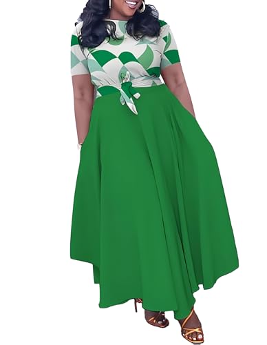 Image of Hostoyo Women Plus Size Formal A Line Maxi Dress Self Tie Waist with Pockets Elegant Round Neck Swing Long Dresses