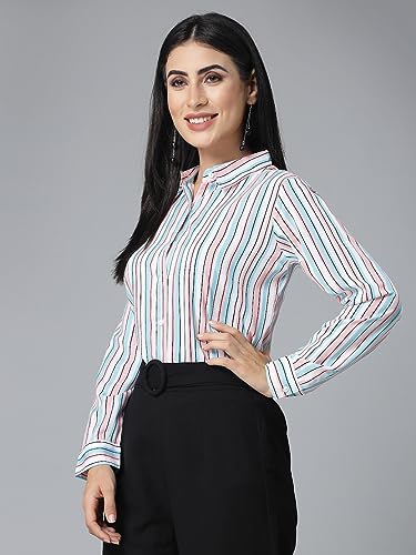 Image of Style Quotient Women Beige White Stripe Printed Formal Shirt