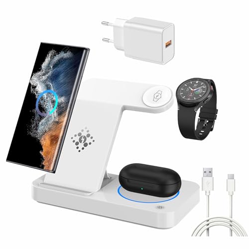 Base de carga inalámbrica 3 en 1 para Samsung Galaxy S25, S24 Ultra, S23, S22, Note 20, Z Fold 7/6, estación de carga inalámbrica para Samsung Galaxy Watch 8, 7, 6, 5 y Buds (blanco)