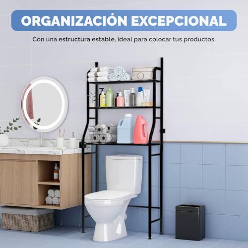 Miniatura 4 de Jupplies Estanteria Baño Sobre Inodoro 47 26 153 Cm - Mueble Baño Wc De 3 Niveles Con Patas Regulables Y Soporte Antivuelco - Estante De Almacenamiento Impermeable, Organizador Para Toallas - Negro