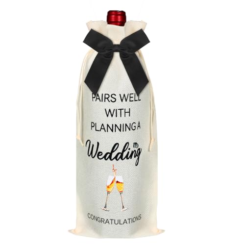 Pairs Well With Engagement Burlap Wine Bag with Black Bow
