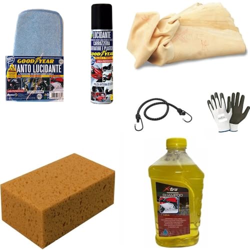 - 1PZ. Pelle scamosciata, pelle naturale soffice, asciuga delicatamente rispettando la carrozzeria, 1PZ. Spugna auto professionale a celle chiuse Roxy. Assorbente e resistente. Non graffia, 11x18x6. - 1PZ. Shampoo e cera detergente neutro, deterge, e lucida - 1PZ. Lucidante Good Y. che lucida pulisce e protegge le plastiche e le carenature senza fare appiccicare gli insetti. - 1PZ. Panno/guanto per pulire e lucidare Good Y. in microfibra che elimina tutti i residui dalla carrozzeria dopo aver usato il lucidante incluso nel kit. - OMAGGIO GUANTI DA LAVORO ANTISCIVOLO + CAVO A MOLLA CON GANCI
