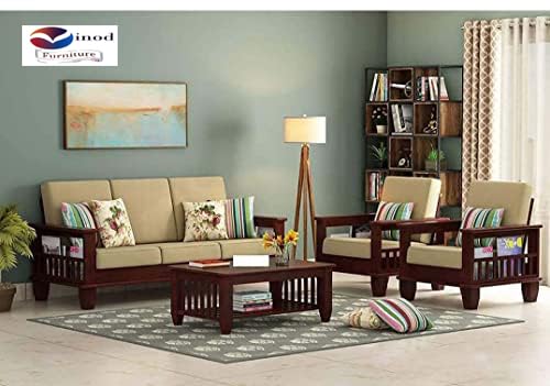 Image of Wooden Solid Sheesham Wood 5 Seater Sofa Set with Cream Cushions (5 Seater Sofa | 3+1+1, Mahogany Finish