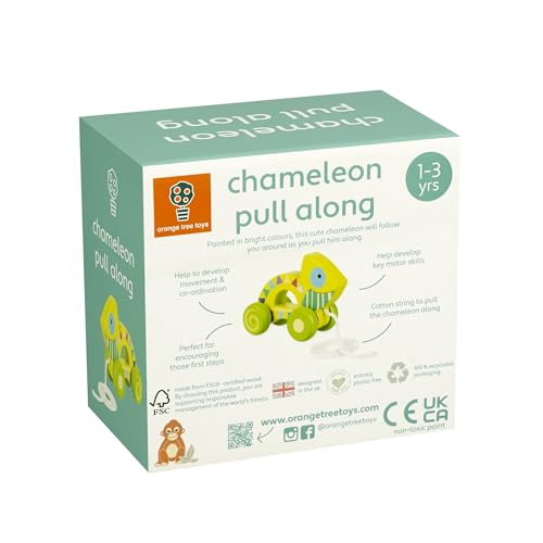 Image of Orange Tree Toys: Pull Along: Chameleon - Wooden Toy, Colorful Wheeled Character, Encourage First Steps, FSC Certified, Toddler & Kids Ages 1+
