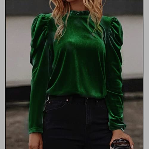 Women Mock Neck Puff Sleeve Velet Blouse Frilled Work Office Solid Top2