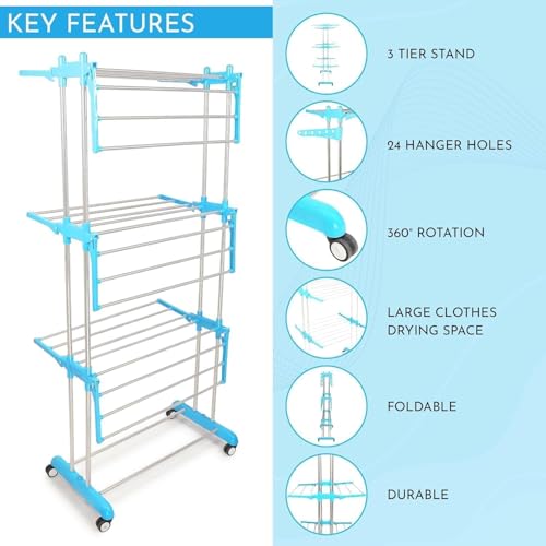 Image of Foldable Multi Layer Clothes Drying Stand with Wheels - Adjustable Stainless Steel Laundry Dryer Rack with Hanger Hooks for Indoor & Outdoor Use