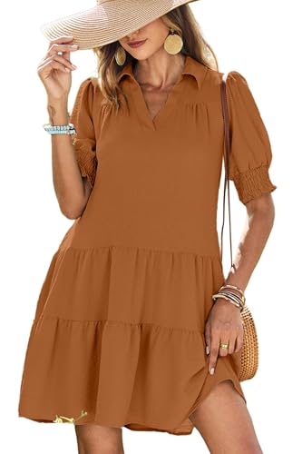 Image of Dokotoo Casual Dresses for Women Lapel Collared V Neck Mid Sleeved Pleated Summer Dresses for Women 2026 Midi Dresses