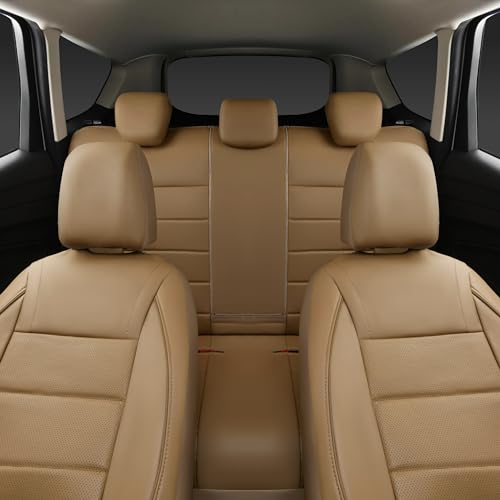 Image of CAR PASS Piping Leather Seat Cover,Universal FIT with Composite Sponge Inside,Airbag Compatible and Reserved Opening Holes,Inside zipper for Cars,Sedan,SUV,Truck(Full Set,Beige with Tan Piping-Stripe)