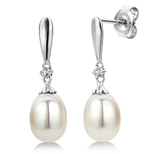 Miore Brincos de ouro branco de 9K com diamantes e pérolas em forma de gota para mulher