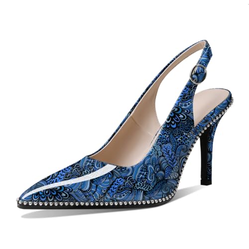 Zamikoo Women Beaded Pumps High Heel Slingback Pointed Toe Slip On 3.5 Inch Stilettos Ankle Strap Adjustable Buckle Fashion Dress Shoes for Party Event Floral Blue Patent Leather US Size 9.5