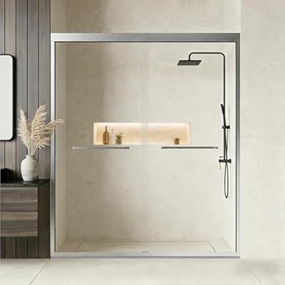 VUMALL 56"-60" W x 70" H Semi-Frameless Double Sliding Bypass Shower Door, 1/4" (6mm) SGCC Tempered Glass Shower Door, Brushed Nickel Finish