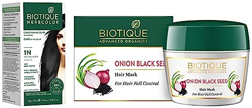 Biotique Bio Herbcolor Conditioning Hair Color, 50g + 110ml – Natural Black 1N (Pack of 1) & Biotique Onion Black Seed Hair Mask, Ideal for Hair Fall Control, 175g | Hair Nourishment, Hairfall control