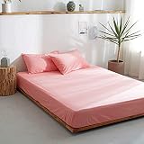FCLDESHOP Weiche und gemütliche einfarbige Gewaschene Baumwollbettwäsche mit tiefen Taschen Karierte Matratzenaufleger für Schlafzimmer Gästezimmer Bettbezug dunkelrosa 135cmx200cm+25cm