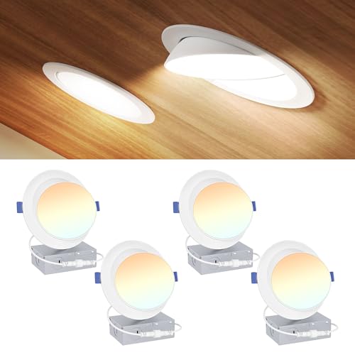 Ensenior 4 Pack 6 inch Gimbal Led Recessed Lighting 90 Rotatable and 5CCT Selectable Dimmable Eyeball Recessed Lights Angled Adjustable 1200LM 12W=115W IC Rated - ETL&FCC Certified