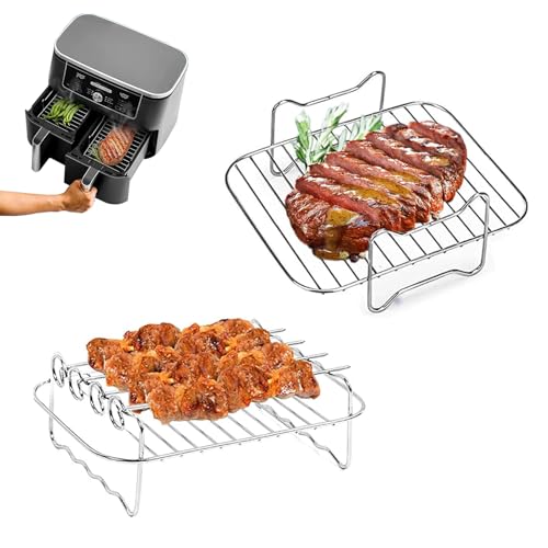 Air Fryer Rack for Ninja Dual 2 Basket Air Fryer 10 QT DZ401 & 8 QT DZ201, Racks for Dual Zone Air Fryer Suitable 8-10 QT Air Duble Fryer,sutieable Air Fryer 4QT Above,(Grill with Skewer)