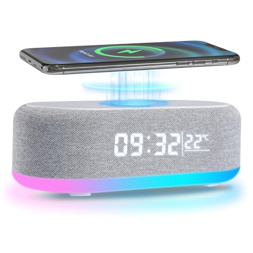 Jaxiyun Réveil Numérique à Chargeur sans Fil, Multifonctionnel Reveil Matin Enceinte Bluetooth, Reveil Lumineux avec la température, Horloge Digitale pour...