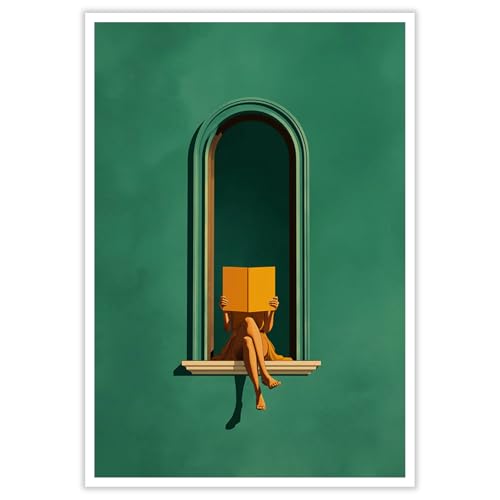 Minimalist Woman Reading Wall Art Emerald Green Poster Print Cozy Book Lover Decor Vintage Girl Reading Canvas Dopamine Orange Aesthetic for Library Study Room Dorm Home 12x16 Inch Unframed