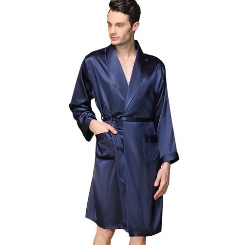 Haseil Men's Satin Kimono Robe Classic Silk Bathrobes Shawl Collar Sleepwear, Royal Blue,XL