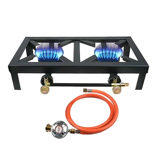 hzexun Hornillo a Gas de Fundición con 2 Fuegos,Hornillo Camping de Gas Portátil Acampada Plegable 6KW Compatible con Gas Butano y Gas Propano con 125cm Manguera y 50 mbr Regulador