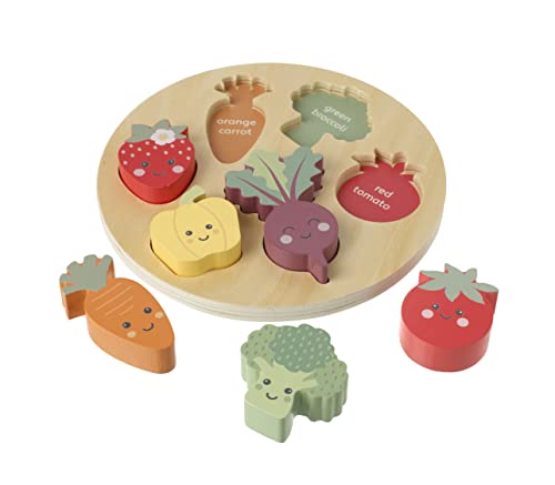 Happy Veggies Wooden Puzzle Board - Includes 6 Play Food Vegetables - Shape Sorter Wooden Puzzles for 1 Year Old, Toddler - Educational Montessori Early Development & Activity Toys by Orange Tree Toys