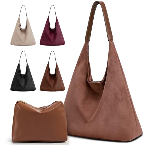Image of 2-Piece Vegan Leather Purse Set for Women: Slouchy Hobo Shoulder Bag & Suede Tote Bag (Brown)