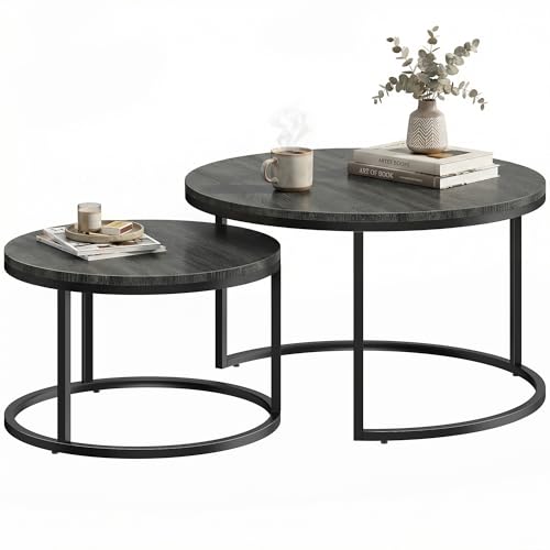 HOMCOM Lot de 2 Tables Basses gigognes, Table Basse Ronde, empilable, Design Industriel, Pieds en métal, Noir