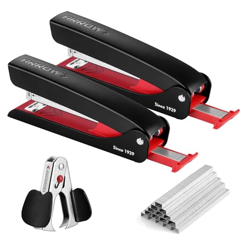 Arrow Full-Strip Stapler with Staples, 25 Sheets Capacity, 2-Pack Stapler with Staple Remover and 2520 Count 26/6 Staples, Built-in Storage, Open for Tacking, Non-Slip, for Office, School and Home