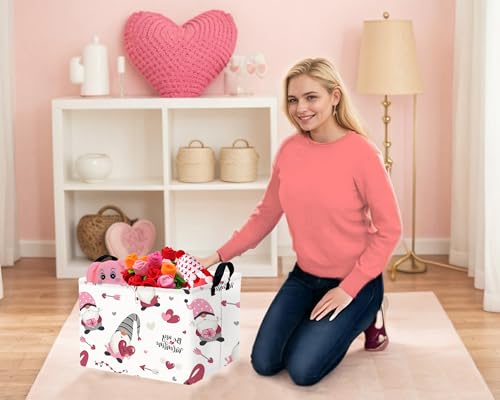 Image of Large Valentine's Day Basket Heart Shaped Storage Bin for Gifts Collapsible Organizer Room Decor (Arrow Gnome Love)