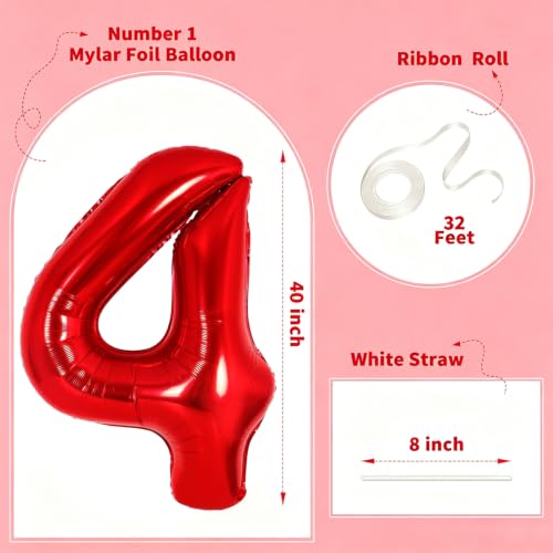 Image of Number Balloons Red Party Balloon - 40 Inch Large Number 4 Balloon, Numbers Balloon Birthday Decorations, Red Party Supplies for Anniversary