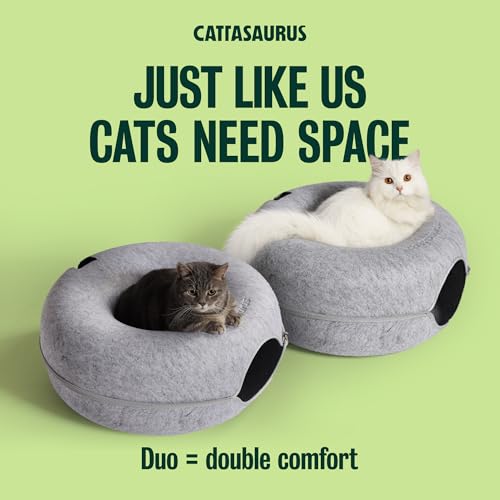 Image of Cattasaurus Peekaboo Cat Cave Donut for Multiple & Large Cats up to 30-45 lbs, 3-in-1 Self Warming Cat Bed, Tunnel & Scratcher for Indoor Cats, Washable & Detachable (Light Gray + Light Gray, Large)