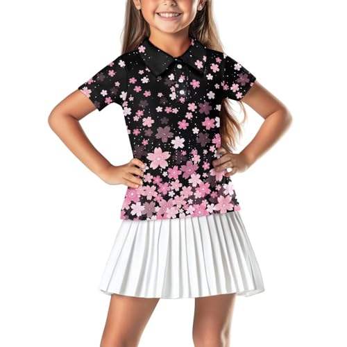 Image of Girls Short Sleeve Golf Shirt 3 Button Up Lapel Collar Tennis Shirts Quick Dry Uniform Athletic Tank Tops for 5-14Y