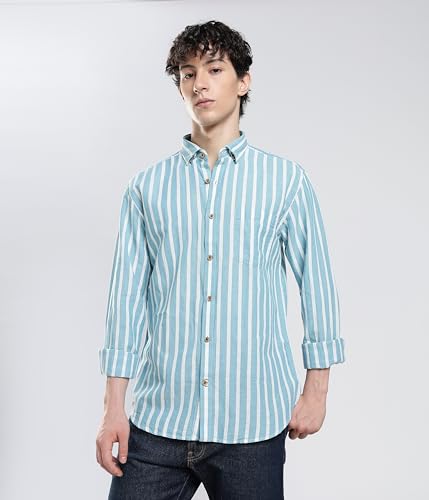 Image of TURMS Men's Casual Striped Linen Shirt | Water Repellent | Anti Stain Anti Odor | Kansas Linen | Concealed Button Down Collar | Full Sleeves