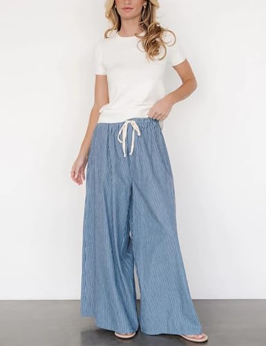 Womens Casual Striped Pants Drawstring Waist High Rise Extra Wide Palazzo Pants with Pockets4