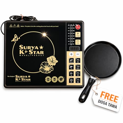 Surya K Star 2000W Induction Cooktop with Dosa Tawa | Electric Induction Stove for Kitchen | Portable Single Burner Cooktop with Preset Menu, Timer & Temperature Control | Tawa Included
