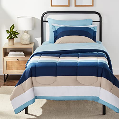 Amazon Basics 5-Piece Lightweight Microfiber Bed-In-A-Bag Comforter Bedding Set, Soft, Twin XL, Blue Stripe