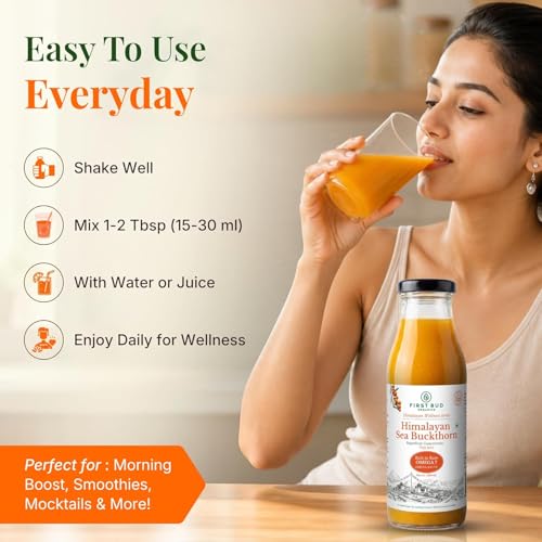 Image of First Bud Organics Sea Buckthorn Juice Concentrate 300ml - Pack of 5 | Antioxidant Rich Immunity Booster | Skin Glow & Hair Health Drink